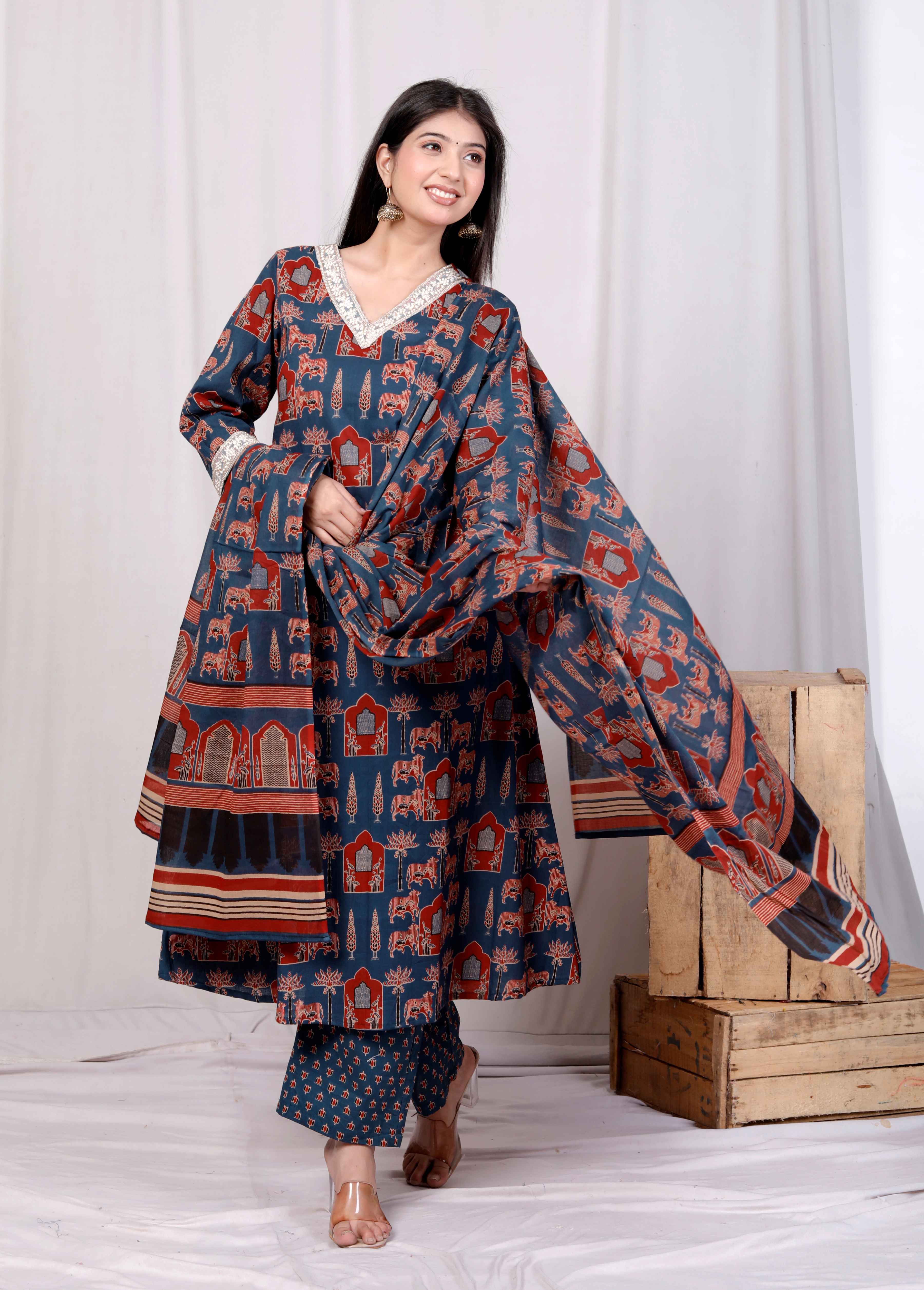 Blue Cotton Animal Print Kurta with Palazzo and Dupatta Set